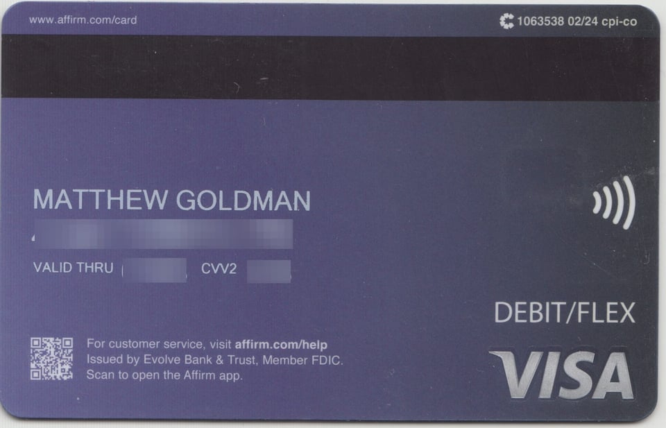The back of the Affirm Card