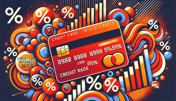 A vibrant and fun illustration about credit card interest rates, featuring elements like blank credit cards, interest rate symbols, and mathematical symbols
