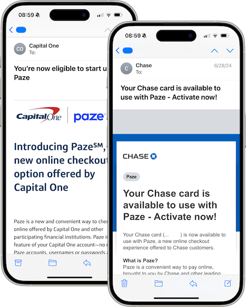 Image of two iPhone frames with emails from Chase and Capital One explaining what Paze is.