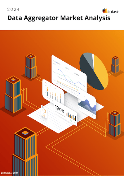 Cover page for the 2024 Data Aggregator Market Analysis report by Totavi. The design features a gradient orange background, and has design elements such as towers, charts, and graphs that are all connected through a series of wires. The Totavi logo is in the top right corner 