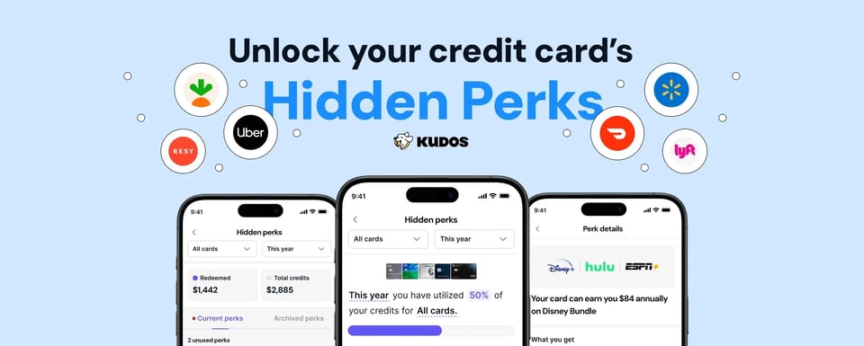 Image of Kudos advertisement for Hidden Perks that includes some mobile screen shots and various logos for companies you can earn perks at.