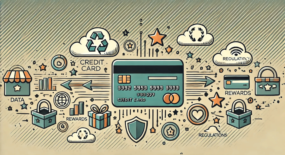 Illustration of a credit card and various symbols to represent sharing of credit card rewards data