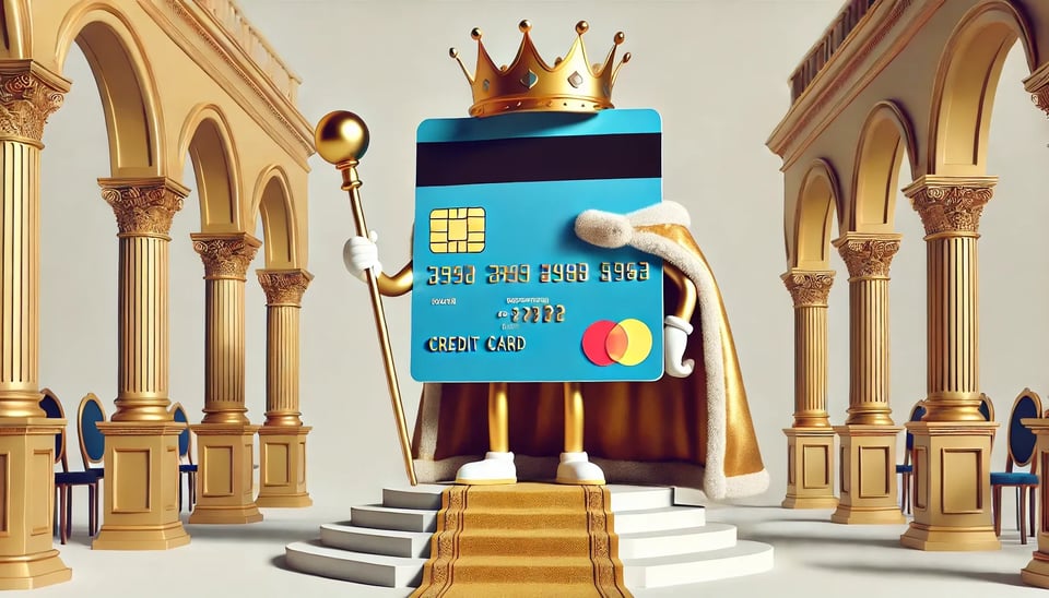 An illustration of a stylized anthropomorphic credit card depicted as a king. The credit card stands on a raised, ornate dais in a grand, minimalist cartoon-like hall. It is adorned with a golden crown, holding a scepter, and draped in a flowing red royal cape. The design is colorful, vibrant, and flat, with no facial features on the credit card, giving it a regal yet animated aesthetic.