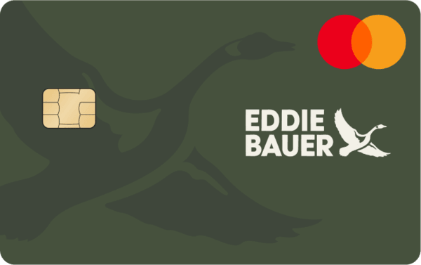 A green Mastercard with the Eddie Bauer logo and an outline of a goose in the background
