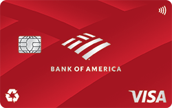 Red credit card with Bank of America Logo in the center, VISA logo in the bottom right, and recycling logo in the bottom left.