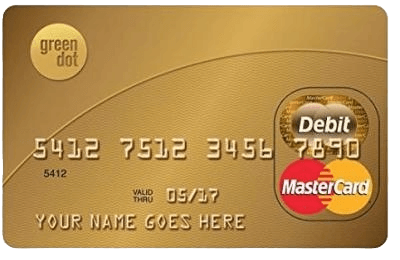 Gold credit card with the Green Dot logo in the top left and the MasterCard logo in the bottom right.