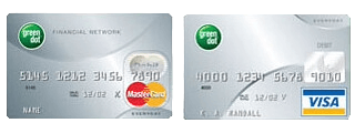 Two silver credit cards with the Green Dot logo, one with a MasterCard logo and one with a VISA logo.