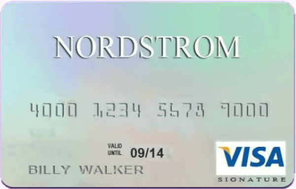 Credit card in silver and rainbow shades with Nordstrom logo and VISA logo