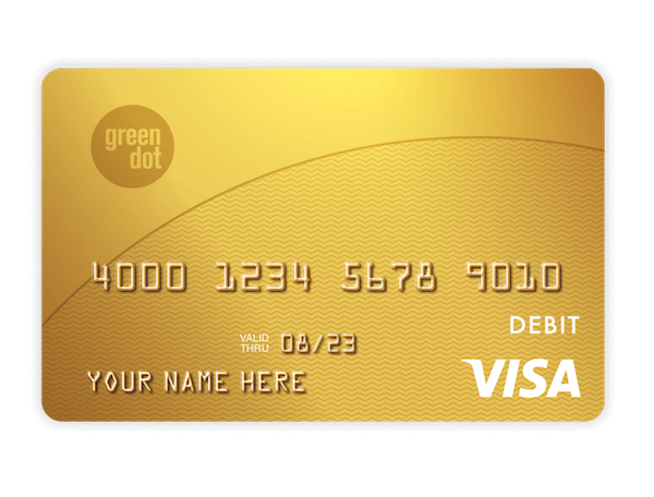 Gold credit card with Green Dot logo in top left and VISA logo in bottom right.