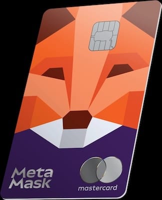 Vertical Mastercard card with MetaMask logo and large block-like fox face.
