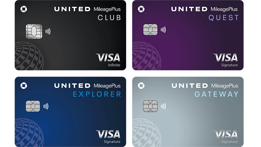 Four United MileagePlus VISA credit cards in a two by two box