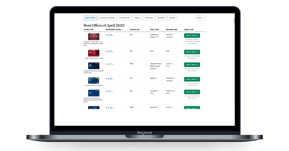 A screenshot from the NerdWallet website. The page is titled, "Best Offers of April 2025" and has a list of credit cards. There are card images, the NerdWallet rating, other information, and an "Apply now" button.