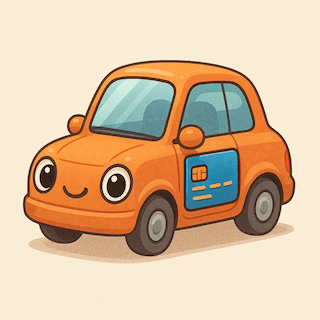Illustration of an orange car with a credit card image on the door