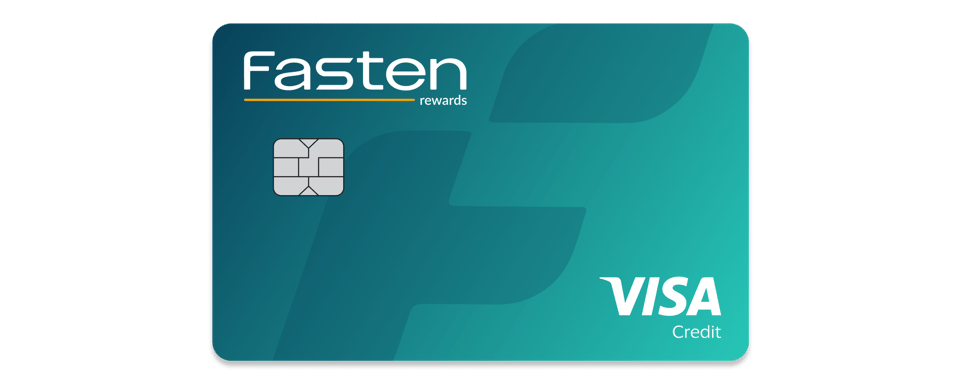 Fasten Rewards Visa Credit Card with a teal background, featuring a large stylized “F” design, an EMV chip on the left, the Fasten logo with an orange underline in the top left corner, and the Visa Credit logo in white at the bottom right.