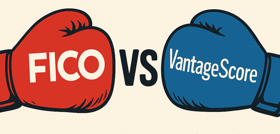 Illustration of red and blue boxing gloves labeled “FICO” and “VantageScore,” facing off with “VS” in the center on a neutral background.