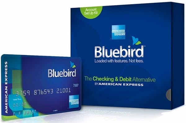 A blue and green credit card with the American Express and Bluebird logos next to a larger box with the same logos. The box is labeled Account Set Up Kit.