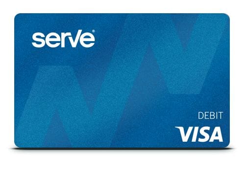 Blue credit card with the Serve logo in the top left and the Debit Visa logo in the bottom right.