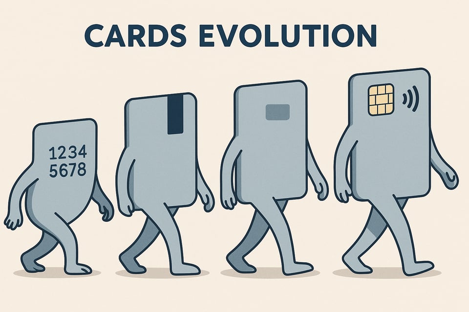 A humorous 2D illustration titled ‘CARDS EVOLUTION’ shows the progression of payment card technology using four anthropomorphic cards walking left to right in a style inspired by the ‘evolution of man’ meme. The first card has embossed numbers (representing early credit cards), the second features a black magnetic stripe, the third displays an EMV chip, and the fourth has both an EMV chip and contactless NFC symbol. All cards have arms and legs, walking in sync across a beige background