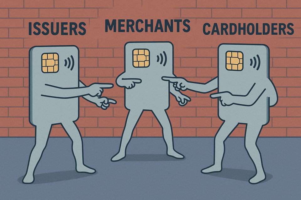 A comic-style illustration parodying the Spider-Man pointing meme, featuring three humanoid payment cards with EMV chips and contactless symbols. Each card is labeled: ‘ISSUERS’, ‘MERCHANTS’, and ‘CARDHOLDERS’. They stand in a triangular formation, each pointing at the others in confusion or blame, against a red brick wall and gray pavement.