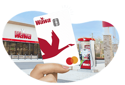 Bean-shaped image of a hand holding a white credit card with the red Wawa logo and a red Canada goose in front of a Wawa gas station.