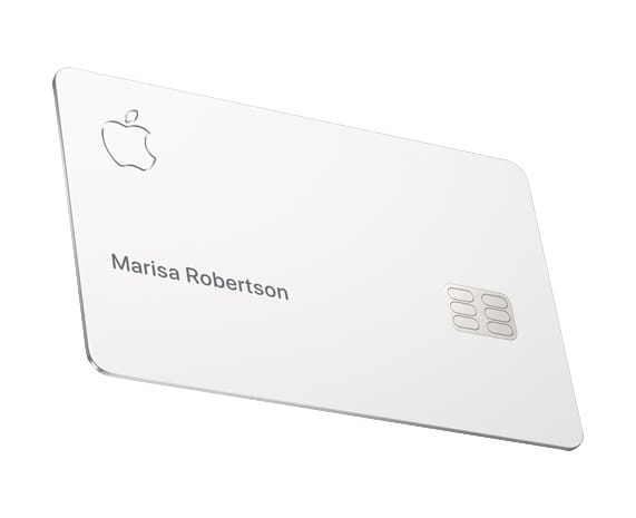 A floating white credit card with the Apple computer logo in the top left