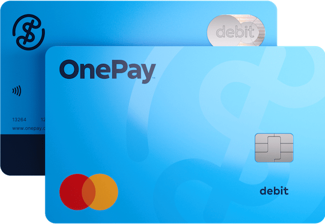 Two light blue credit cards stacked on top of each other. The top card has the OnePay logo in the top left and the Mastercard logo in the bottom left.