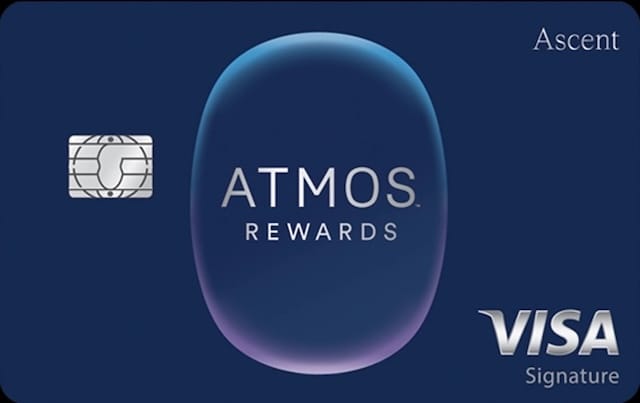 Dark blue credit card with the Atmos Rewards logo in the center, the Visa Signature logo in the bottom right, and the word Ascent in the top right.