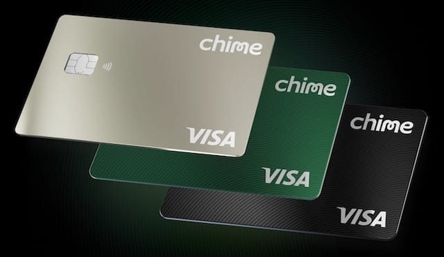 Three credit cards, stacked in a row, all with the Chime logo in the top right and the Visa logo in the bottom right. The top card is a silver metal, the middle card is green, the bottom card is black.