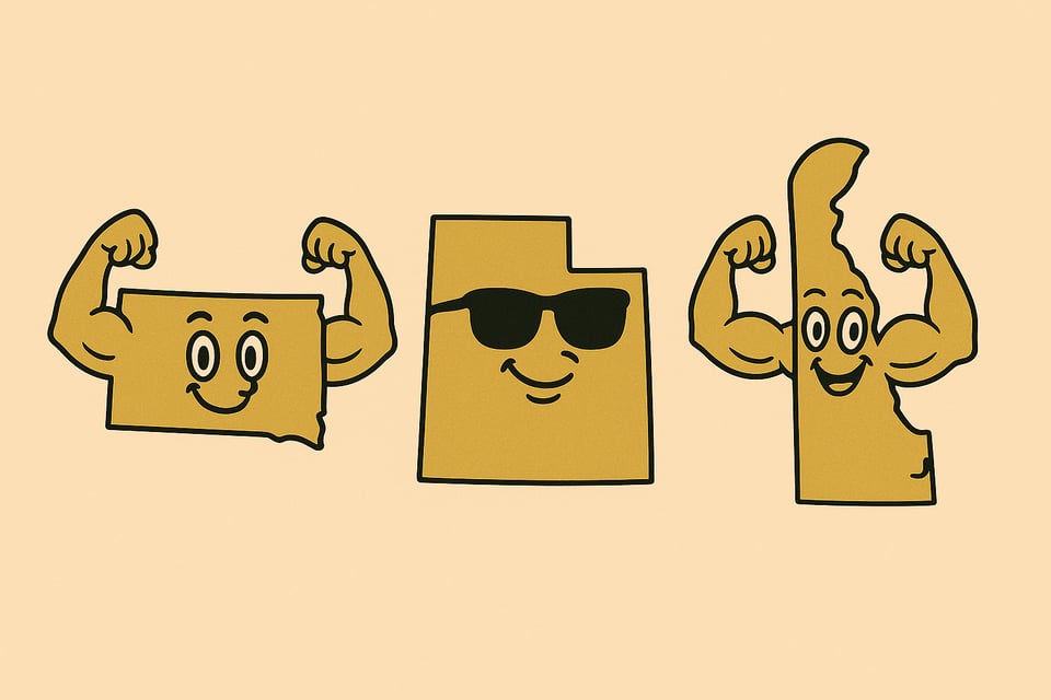 Cartoon images of the US states South Dakota, Utah, Delaware. All three are smiling. South Dakota and Delaware are flexing human arms. Utah is wearing sunglasses.