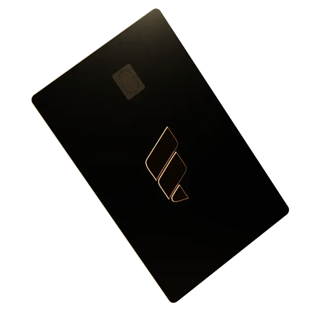 A black credit card at an angle, with the Fold logo in the center.