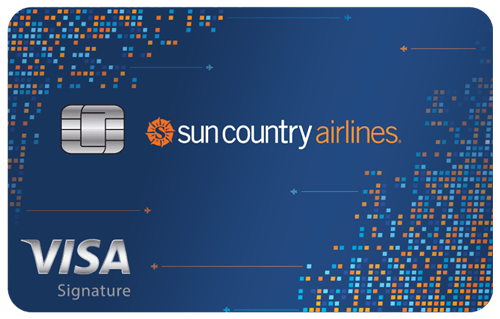 Blue credit card with Visa Signature logo in the bottom right and Sun Country Airlines logo in the middle.