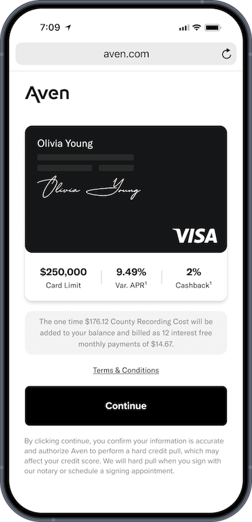 Screenshot of the Aven app on a mobile phone, showing the Aven Visa.