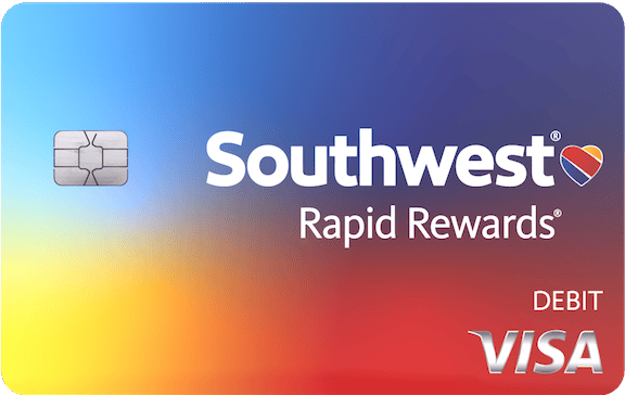 Visa-branded Southwest Rapid Rewards debit card, with moves from blue to red across the card. 