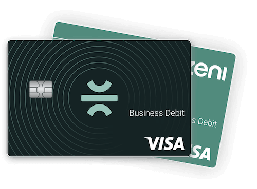 Black credit card stacked on at an angle on a green credit card. Both have Visa logos in the bottom right. The top black card also says Business Debit.