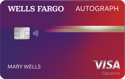Credit card with purple on the left morphing to red on the right. The Wells Fargo logo is in the top left, the Visa Signature logo in the bottom right. The word Autograph in all capitalized letters is in the upper right.