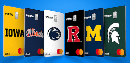 Series of vertically-oriented Venmo Mastercard debit cards with logos for the following schools: University of Iowa, University of Illinois, Penn State, Rutgers, University of Michigan, and Michigan State.
