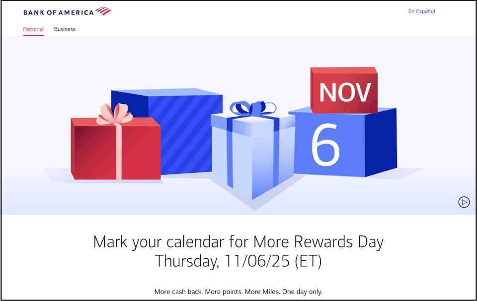 Screenshot of the Bank of America More Rewards Day homepage showing presents in red, blue, and white and the date of November 6, 2025