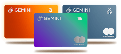 Three credit cards - one orange, one blue, and one purple blending to green - with the Gemini logo in the top left, the logos of Bitcoin, XRP, and Solana in the top right, and the Mastercard logo in the bottom right.