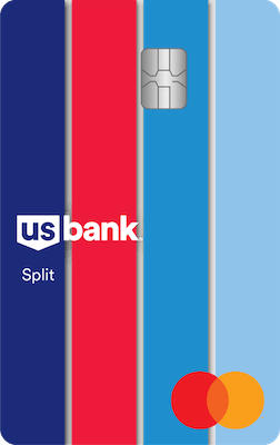 Vertically-oriented credit card with four horizontal stripes of dark blue, red, medium blue, and light blue. The US Bank logo is in the middle on the left side; the Mastercard logo is in the bottom right.