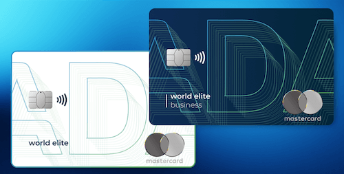 Two credit cards, one stacked over the corner of the other. One is black, one is white. Both have the letters ADA in the background too large to fit completely on the card. The Mastercard logo is in silver in the bottom right.