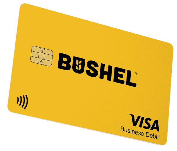 Yellow credit card with the Visa Business Direct logo in the bottom right and the logo for Bushel in the middle of the card.