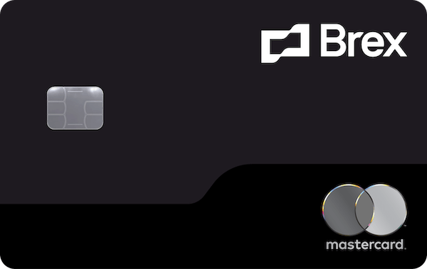 Black and grey credit card with the Brex logo and word mark in the top right, the silver Mastercard logo in the bottom right, and the EMV chip on the left.
