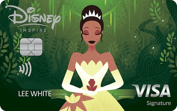 Visa Signature credit card featuring a stylized drawing of Tiana from The Princess and the Frog in shades of green.