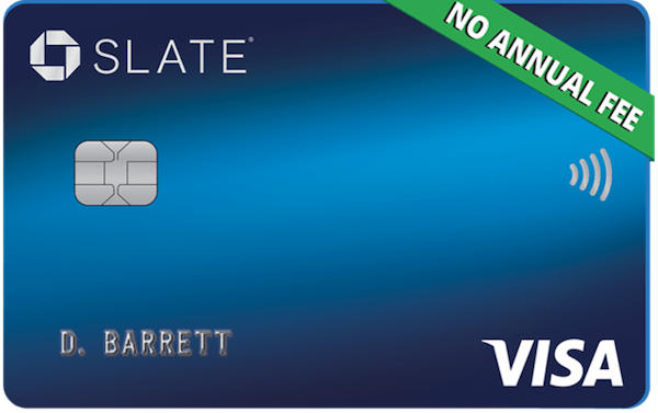 Blue credit card with the Chase logo and the word "Slate" in the top left corner and the Visa logo in the bottom right corner.