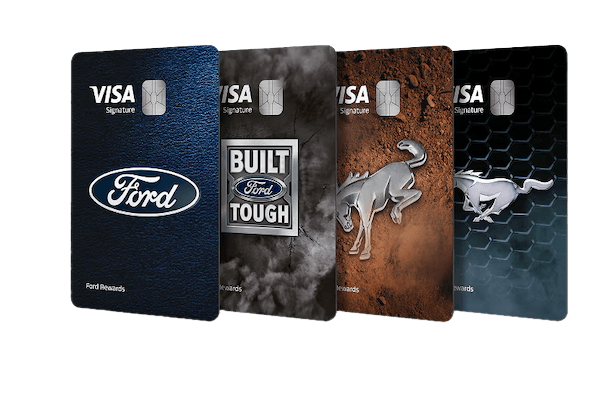 Four vertically-oriented credit cards featuring Ford logos, including the Bronco and Mustang logo, as well as the Visa logo.