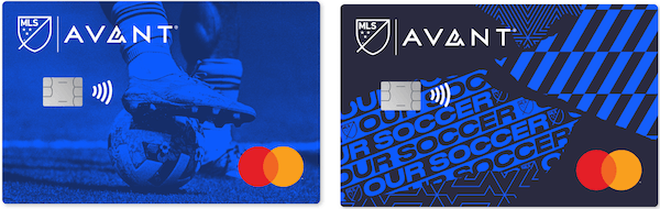 Blue and black credit cards with the MLS shield, the Avant logo, and the Mastercard logo.