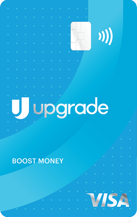 Vertical blue credit card with the EMV chip at the top, the Upgrade logo in the center, and the Visa logo in the bottom right corner. A small Boost Money, all in capital letters is in the lower third of the card.