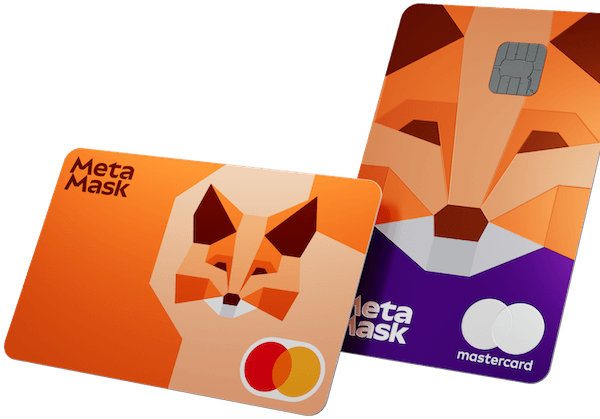 Two credit cards each featuring a pixelated digital image of a cartoon fox, the MetaMask and Mastercard logos.