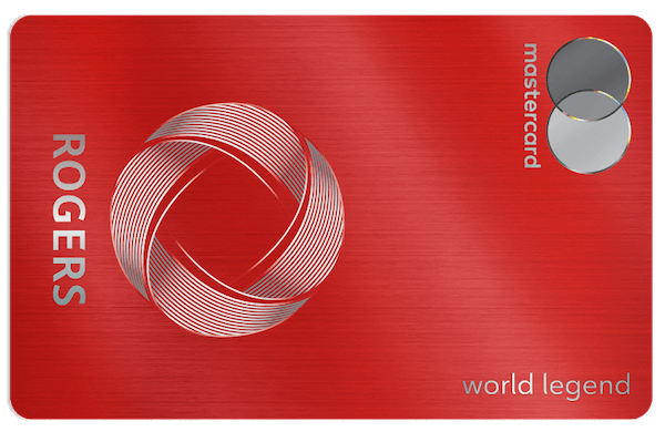 Red vertically-oriented credit card with the Rogers logo on the bottom, the Mastercard logo in the top left, and the World Legend wordmark running down the right side.