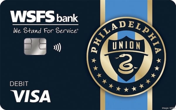 Black and gold credit card with the logos of WSFS Bank, Philadelphia Union, and Visa debit.